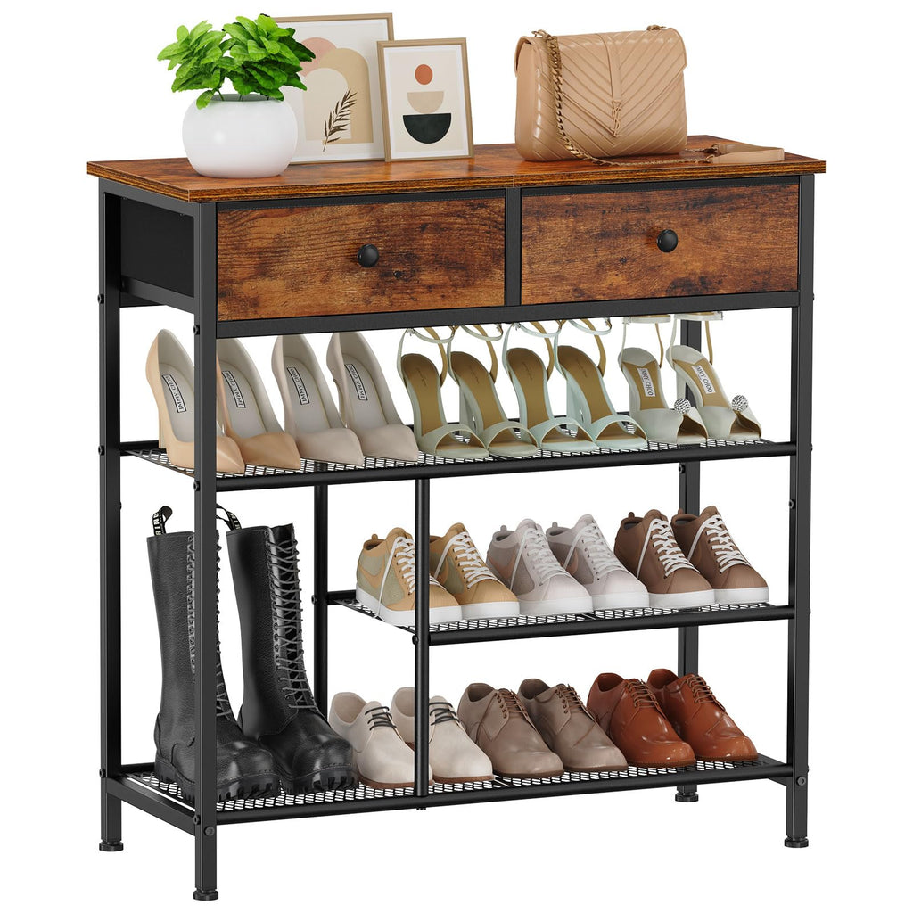 Snughome Shoe Rack 4 Tier Shoe Storage Organizer with 2 Drawers Shoe Storage Shelves with Sturdy Wooden Top and Metal Shelves Free Standing Shoe Rack for Entryway Closet